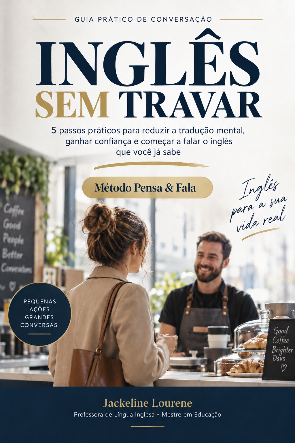 Inglês Sem Travar — Guia prático de conversação. Método Pensa & Fala, por Jackeline Lourene, Professora de Língua Inglesa e Mestre em Educação. Inglês para a sua vida real.